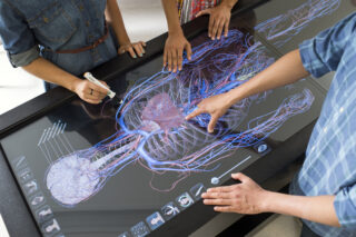 2 students around an interactive skeleton