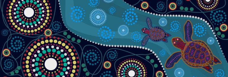 Indigenous Artwork with 2 turtles and Indigenous symbols in blue, greens and red 